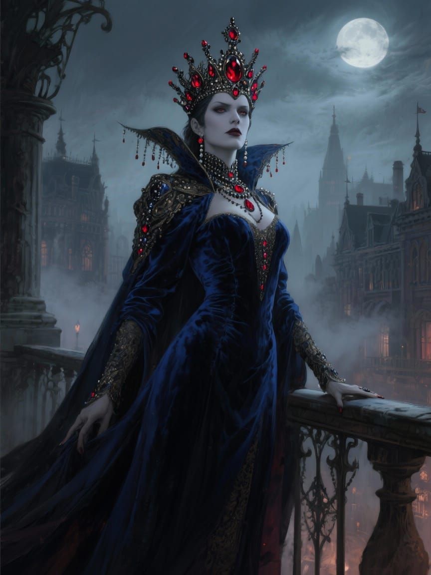 Regal Vampire Queen in Moonlit Victorian City