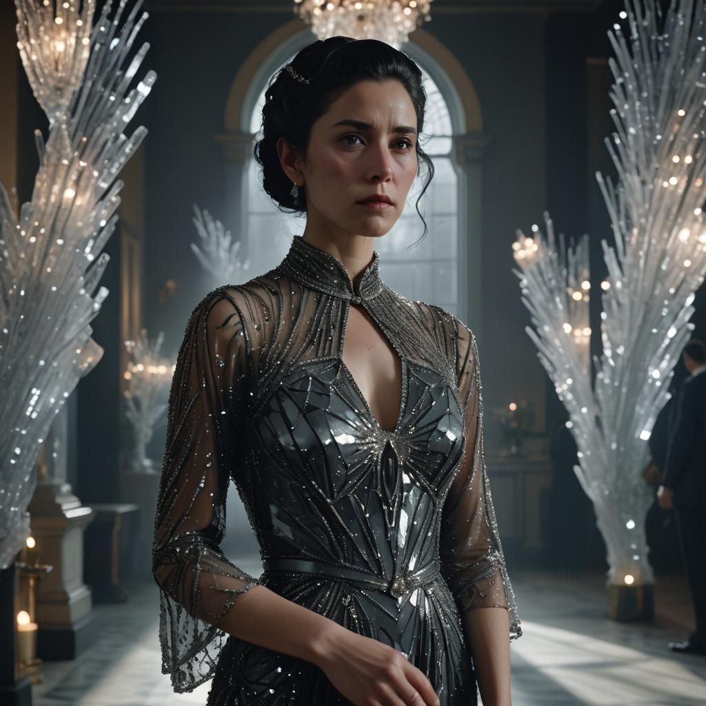 Woman in Ornate Dress in Grand Ballroom