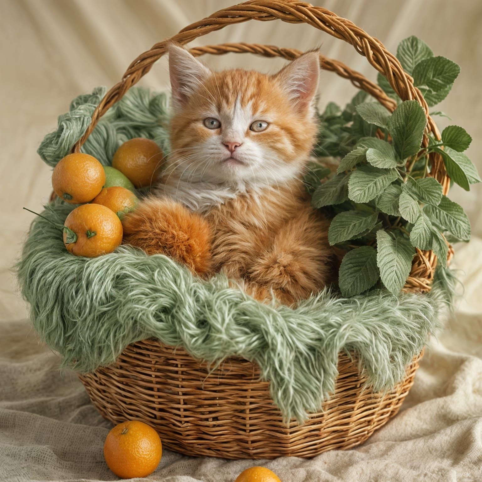 Kitten Napping in Fruit Basket, Hyperrealistic Style