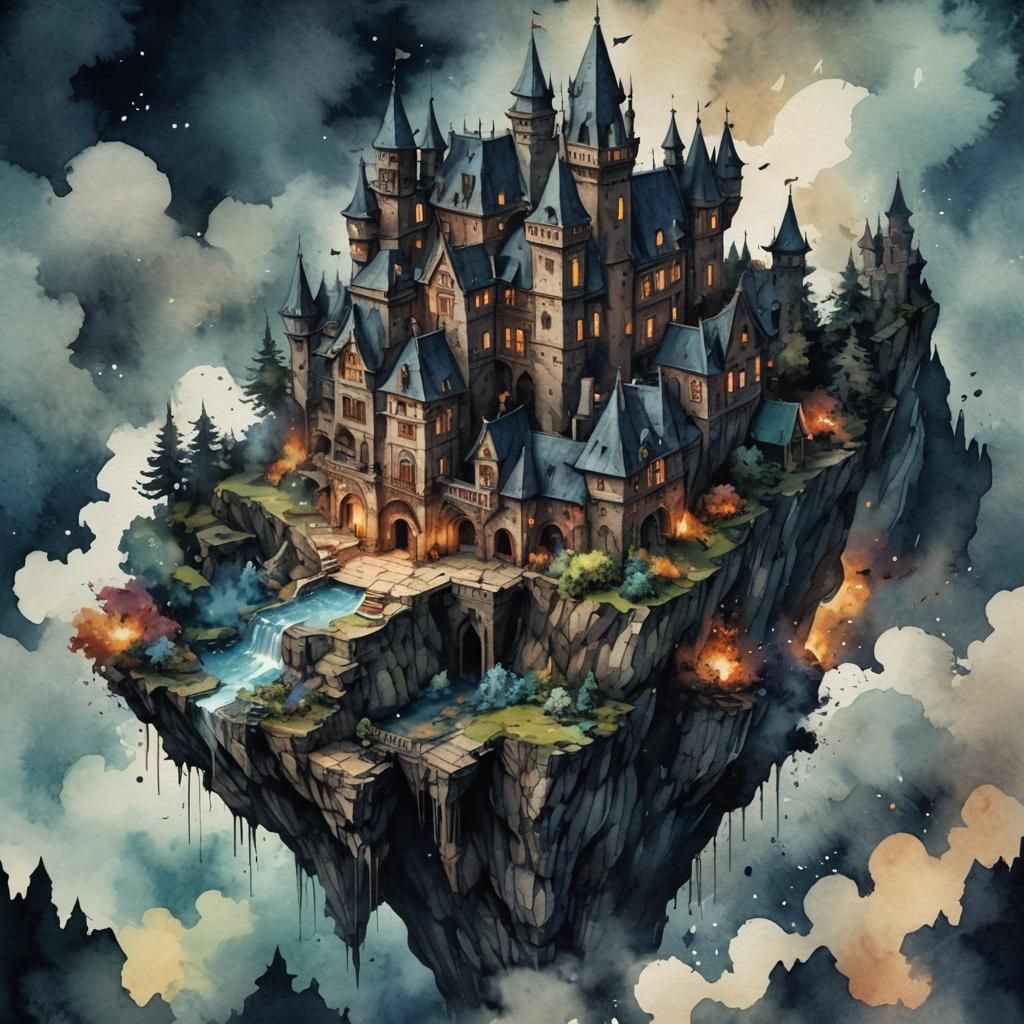 Magical Dark Castle in Watercolor and Ink