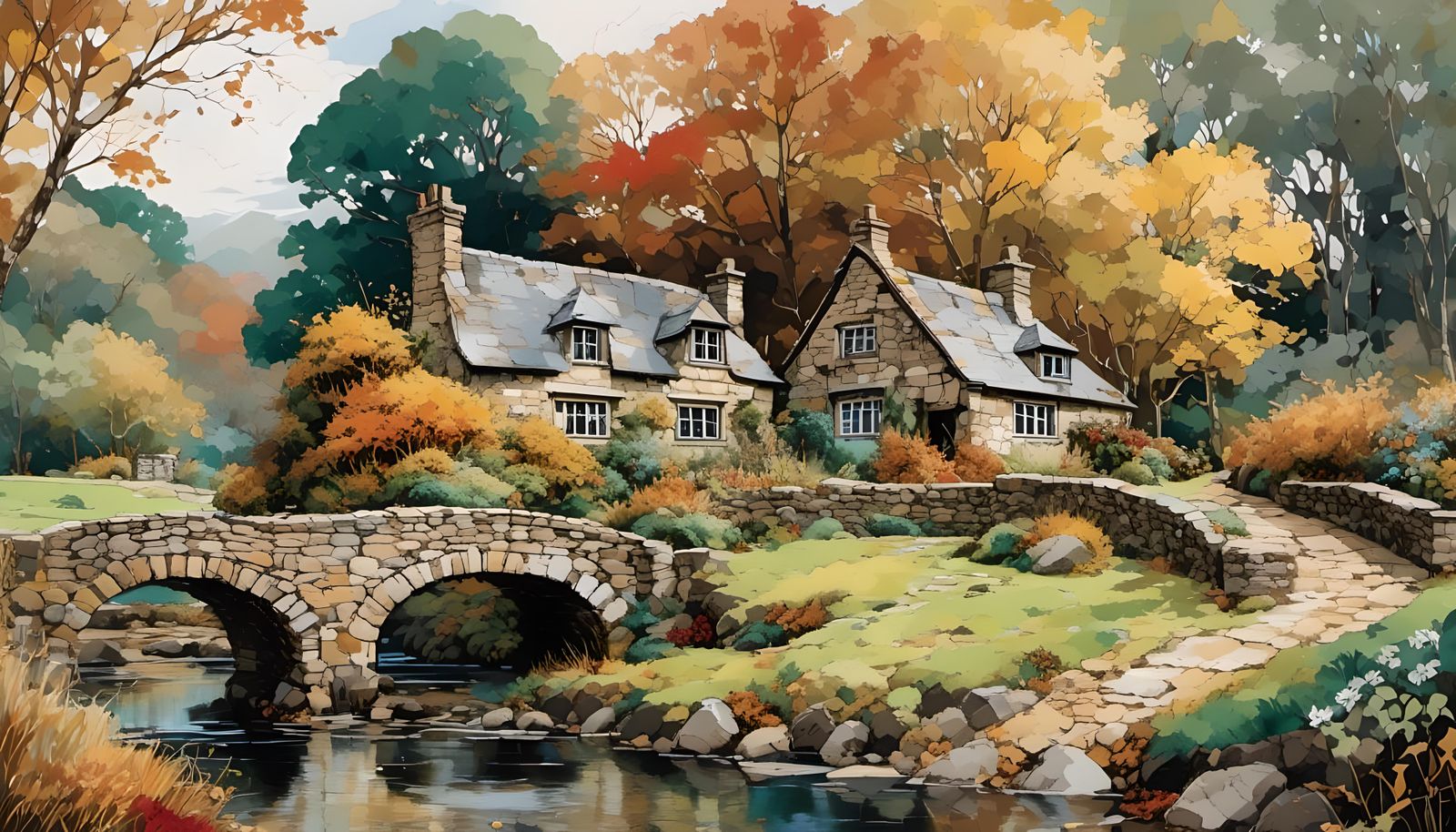 English Cottage in Autumn Landscape as Impasto Painting