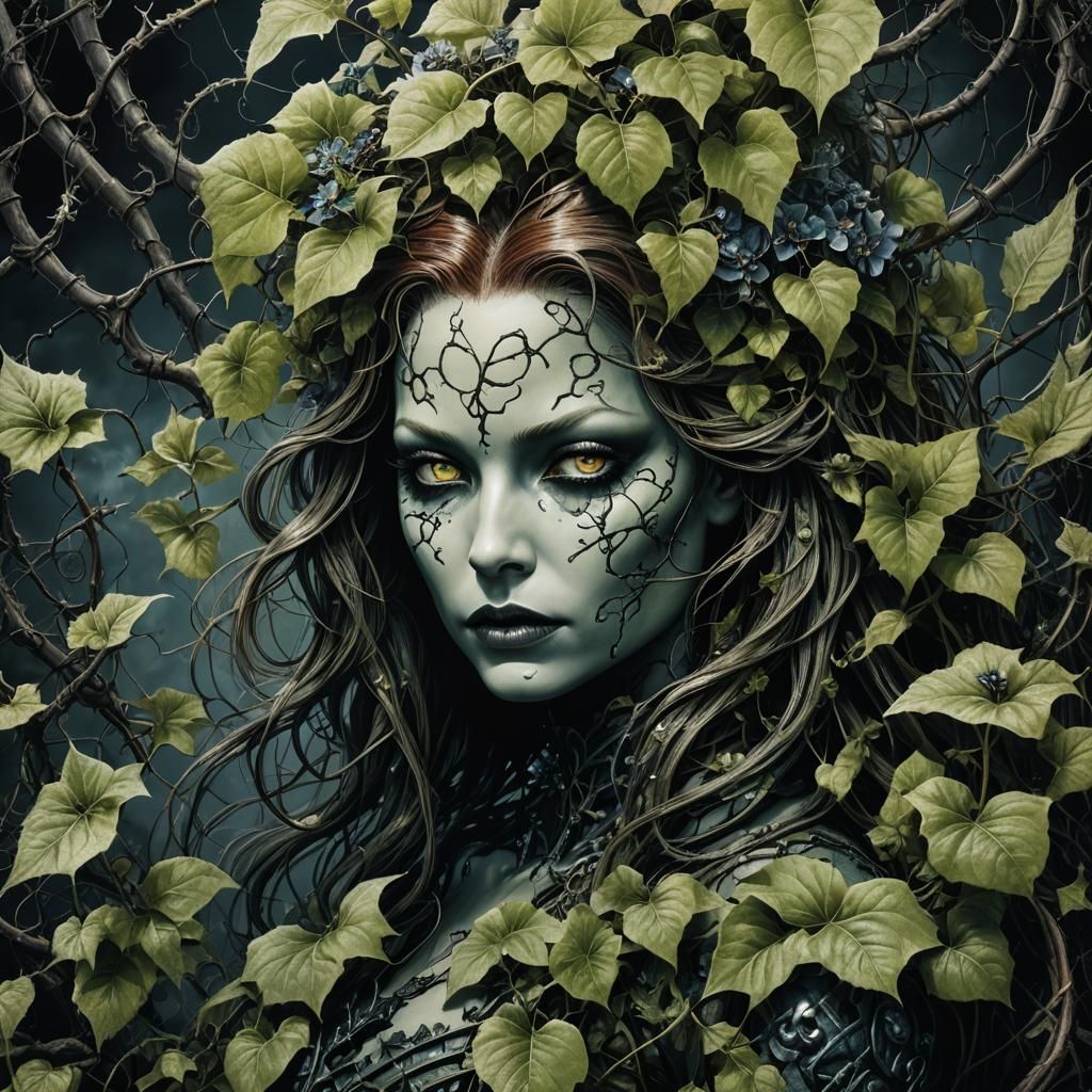 Biomechanical Poison Ivy and Flowers in Surreal Style
