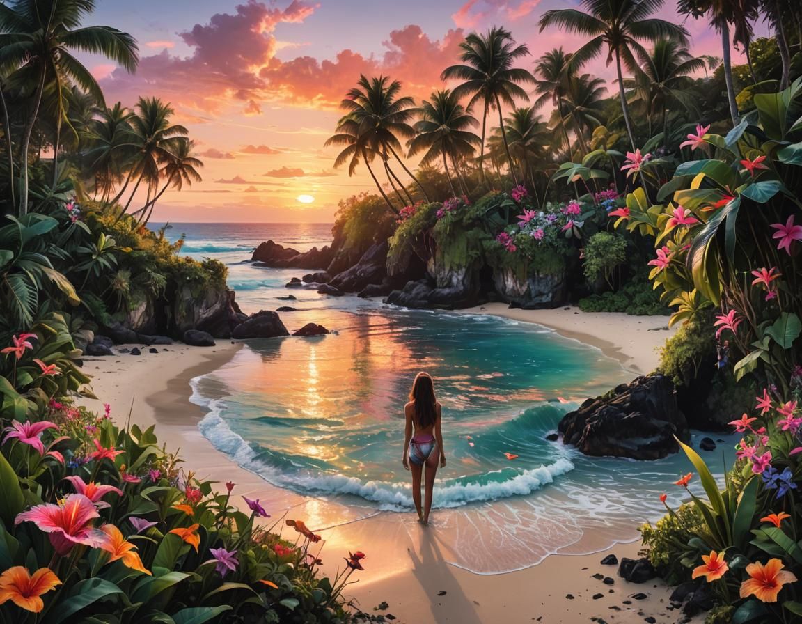 Tropical Island Sunset on Secluded Beach