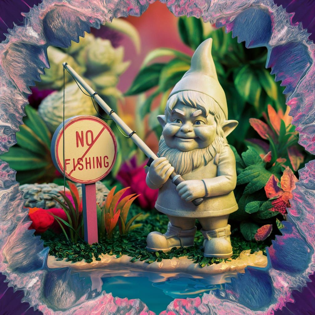 Defiant Gnome Fishing in Retro Sci-Fi Garden