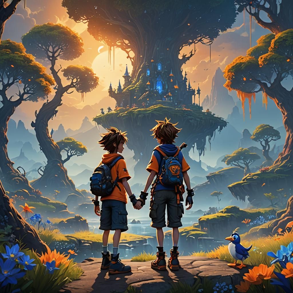 Sora, Donald, and Goofy in Sunlit Fantasy Landscape
