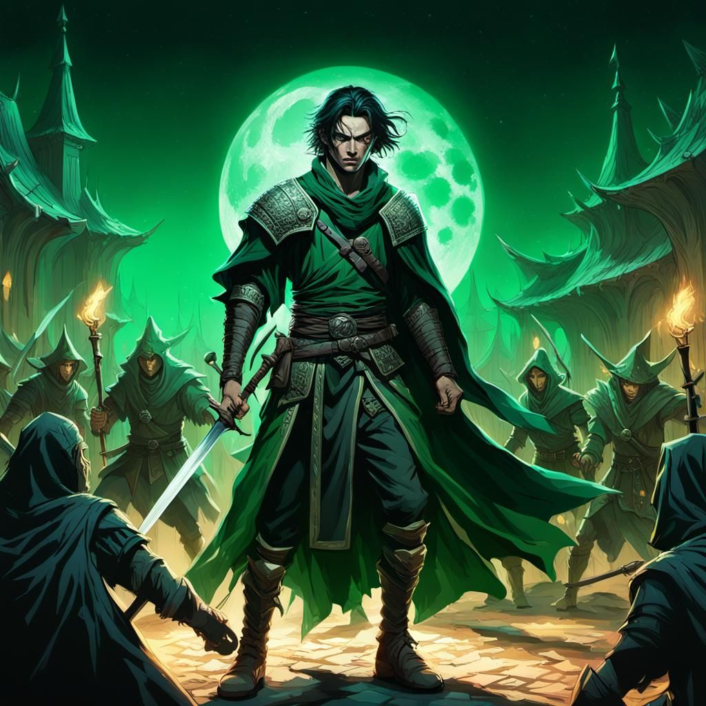 In a setting, a young warlord with his sword in a fighting competition with a witch coven in green lights moonlight