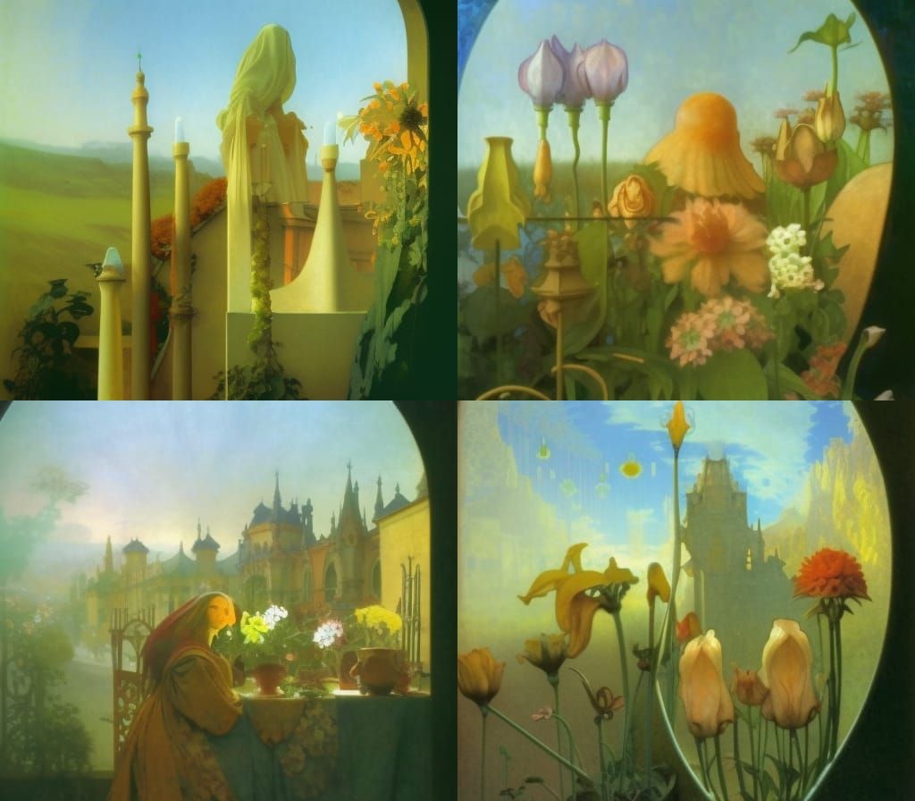 Sunrise Garden with Gothic Archways in Art Nouveau Style
