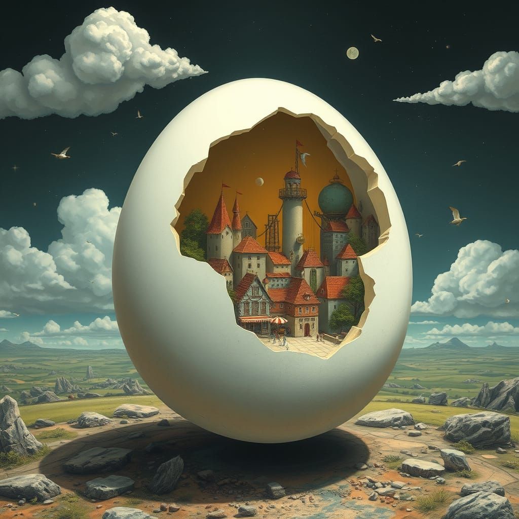 Surreal Head Reveals Floating City, Dreamlike Art