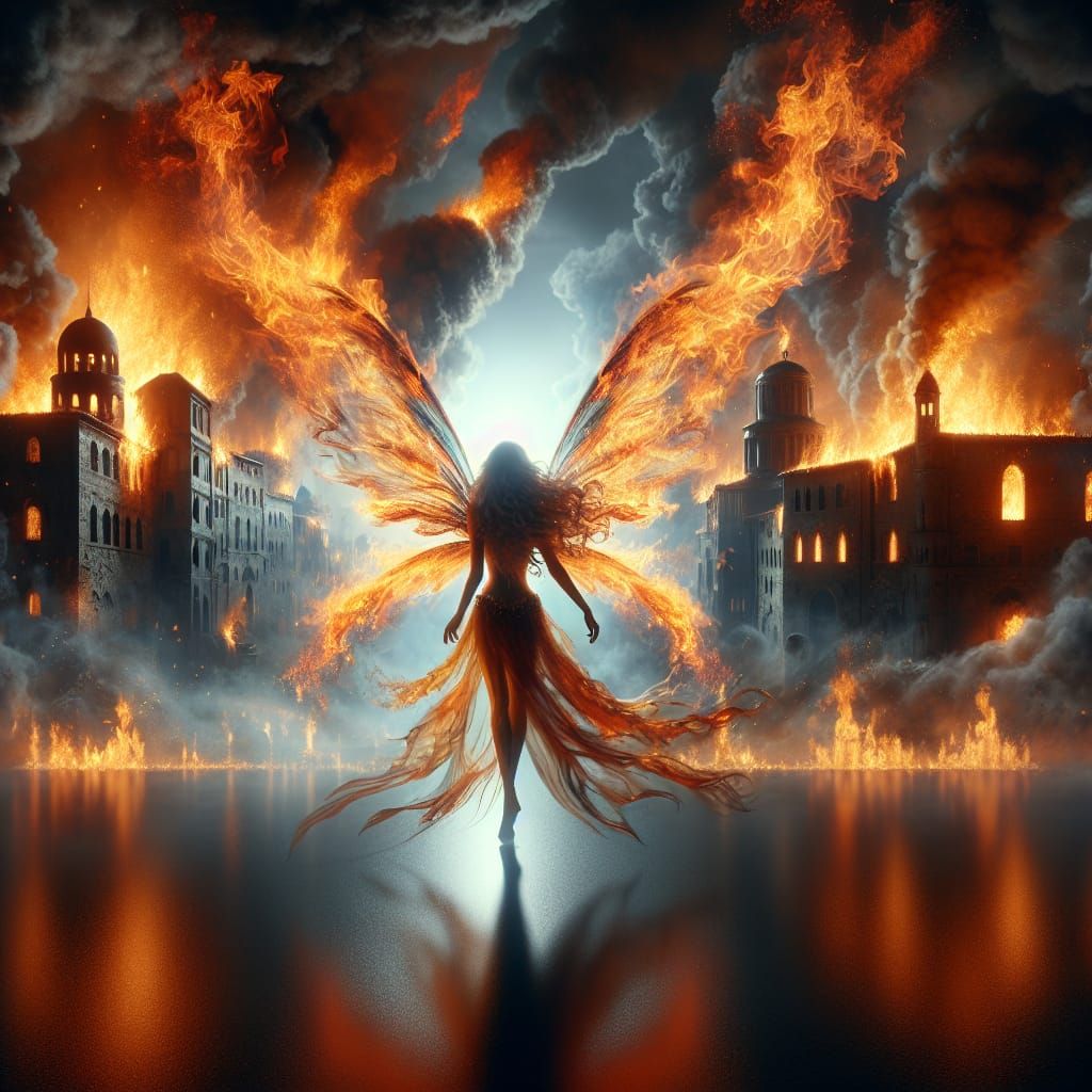 Fire Fairy Leaving Burning Town