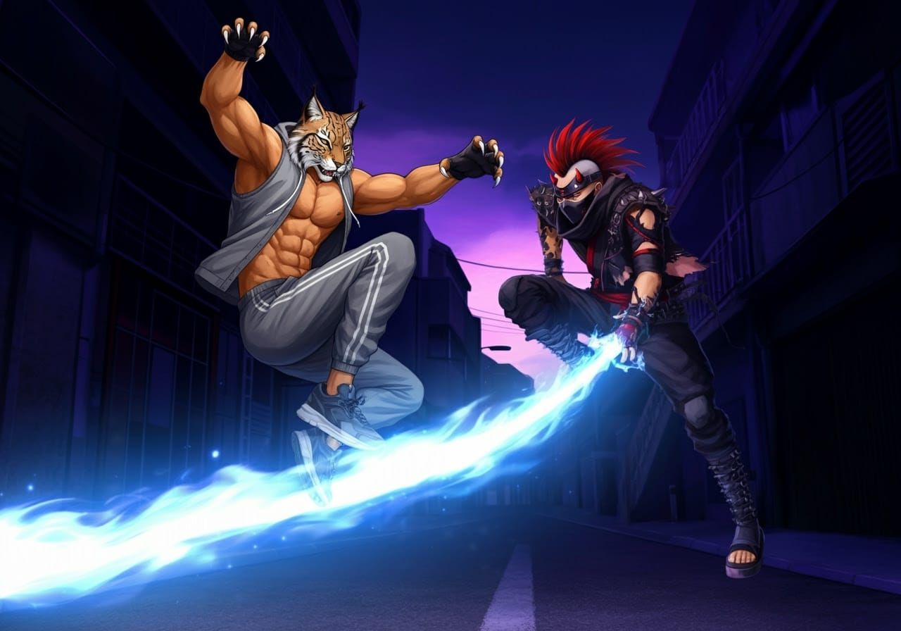 Lynx Prowler Leaping over his ninja opponent Shintaro Ryoko'...