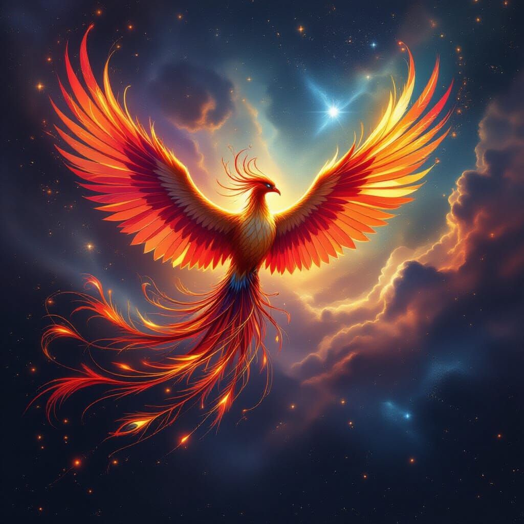 Majestic Energy Phoenix Soars Through Cosmic Nebula