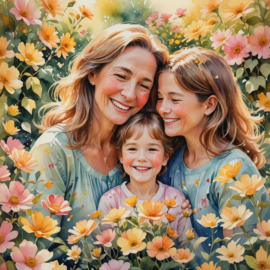 Heartwarming Pastel Watercolor of Mother and Children