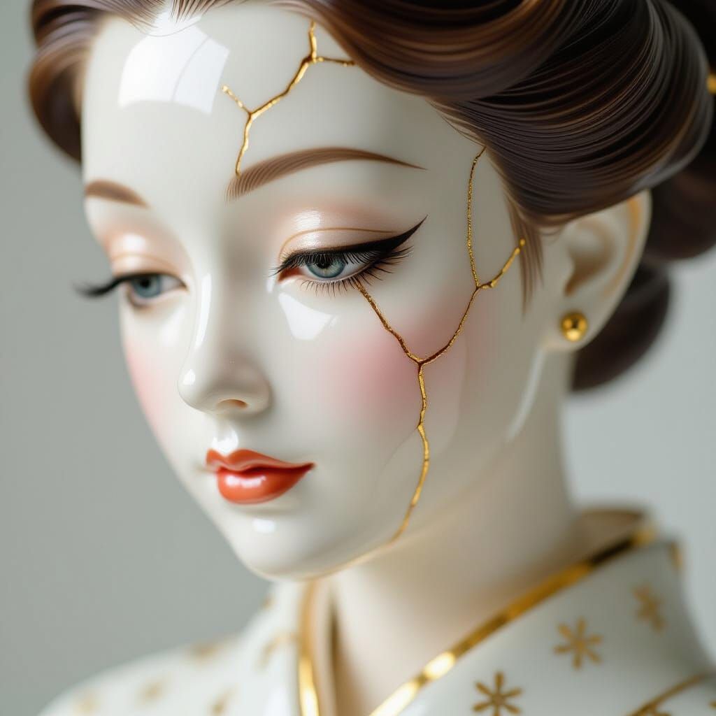 Ethereal Woman's Face Repaired with Golden Kintsugi Joins