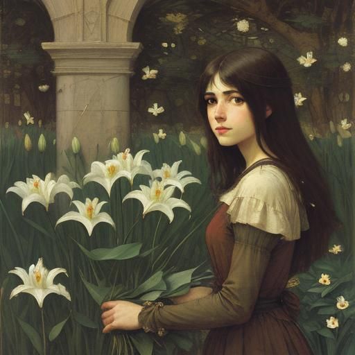 Woman with Lilies in Pre-Raphaelite Style