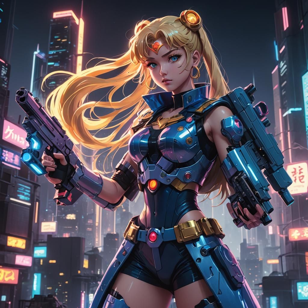 Cyberpunk Sailor Moon with Thunder Blasters