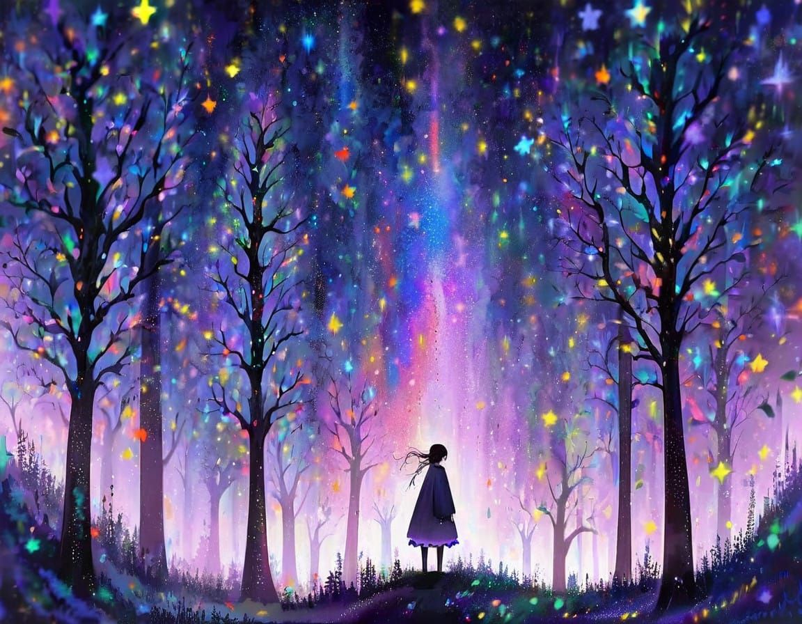 Dreamy Cosmic Forest Scene in Ethereal Light