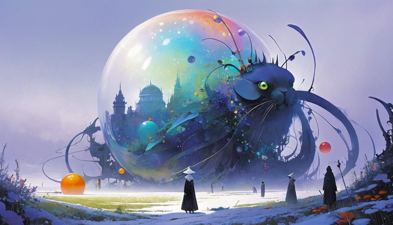 Joyful Neon Bug Creature Amidst Giant Marbles