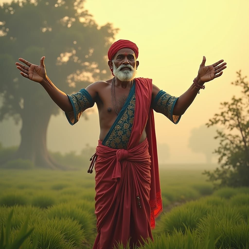 Indian Farmer Beckons Amidst Mystical Landscape