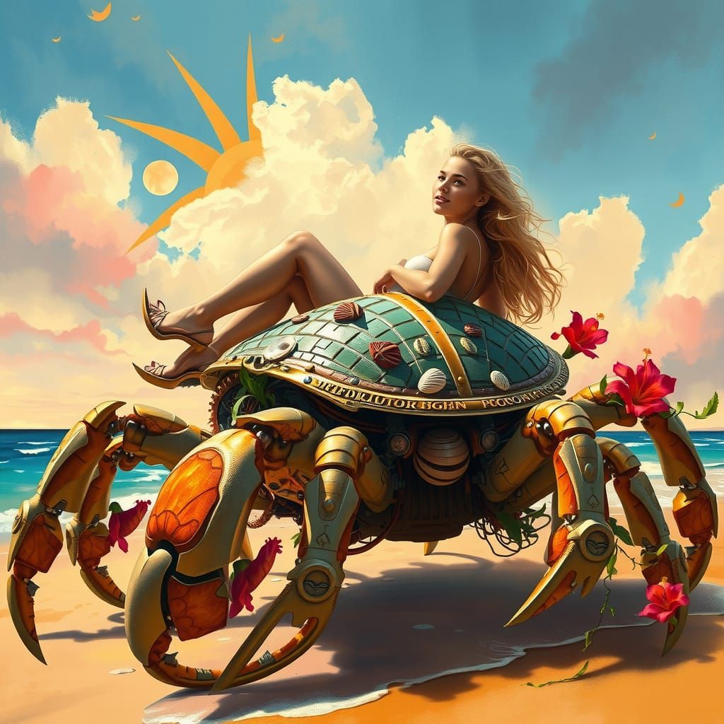 Woman on Coconut Crab in Futuristic Style