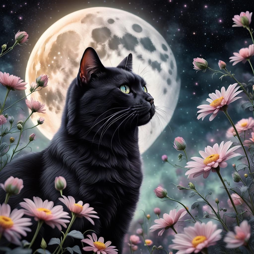 Realistic Black Cat Gazing at Moon with Pastel Flowers