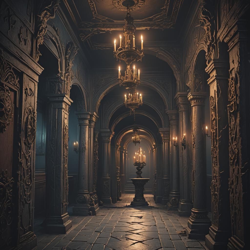 Eerie Ghostly Figure in Dark Corridor Painting