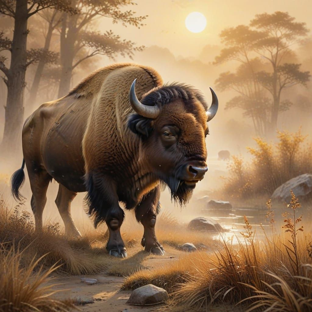 Bison in Soft Watercolor Style Chinese Painting