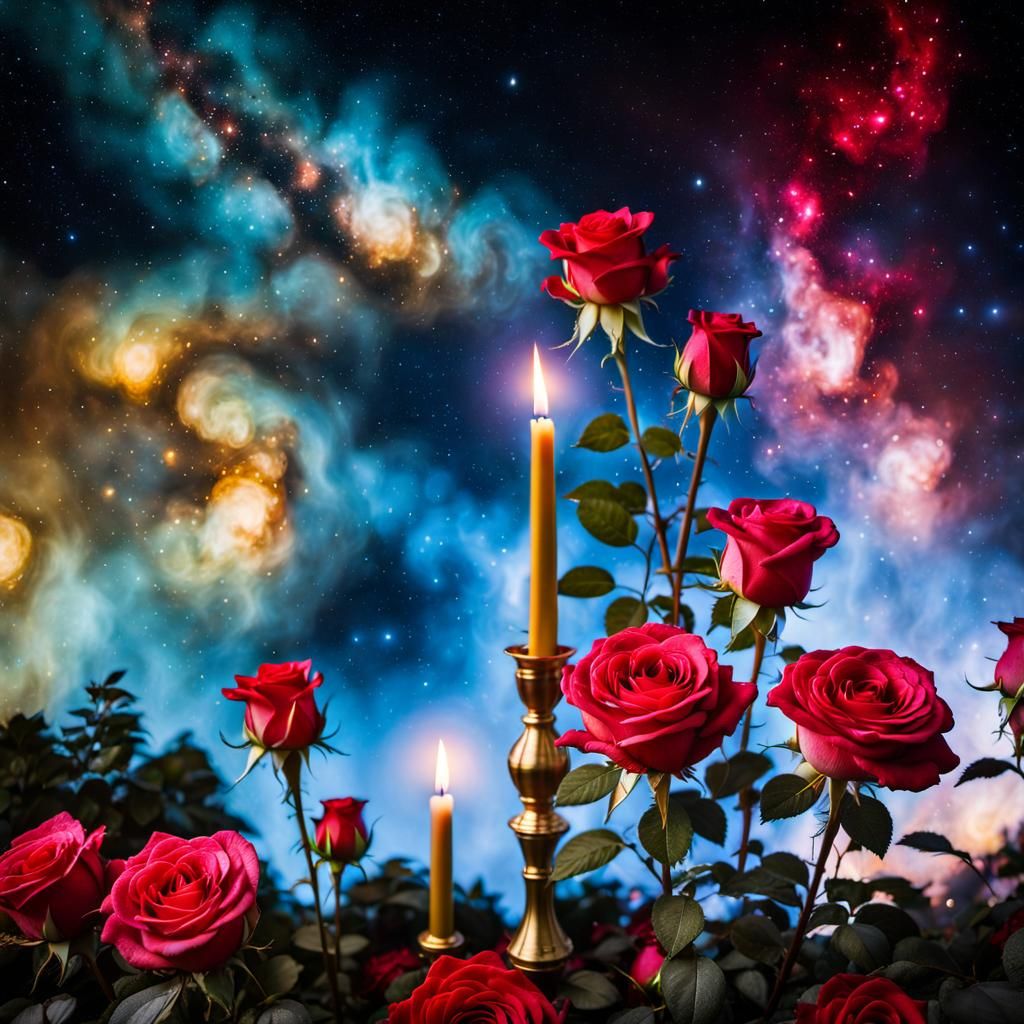 Rose Garden at Night with Nebula Sky