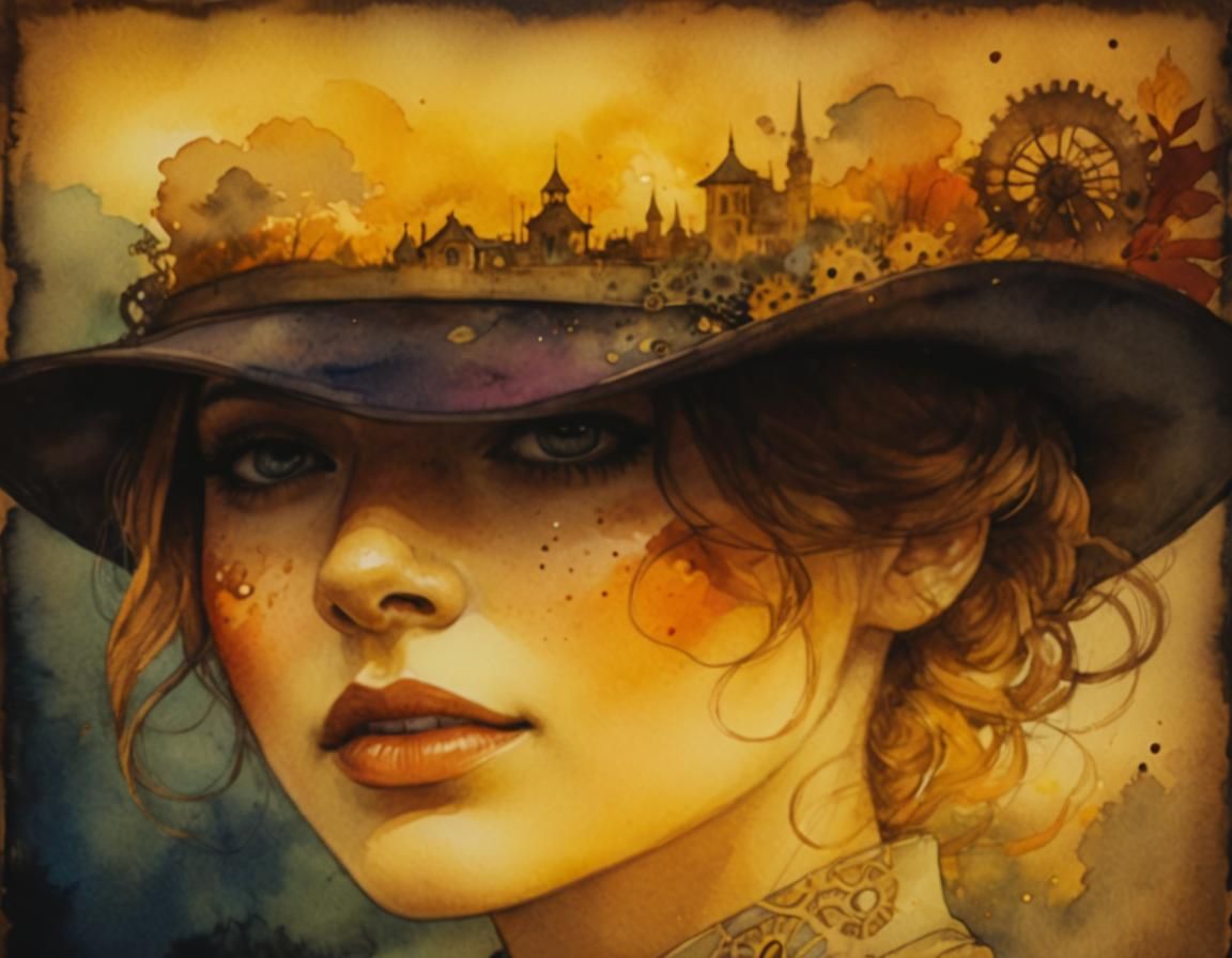 Whimsical Steampunk Woman with Autumn Landscape Hat
