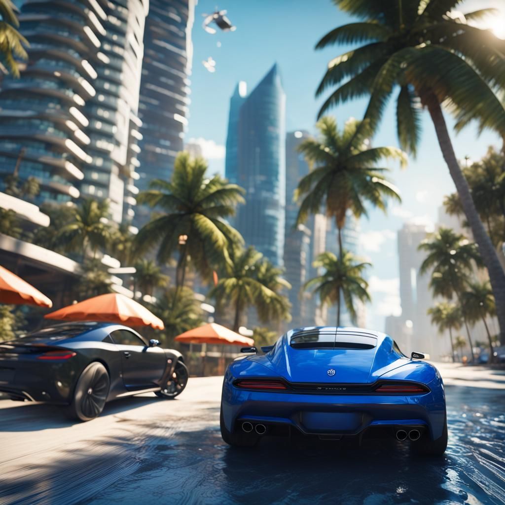 Blue Sports Car Zooming Through Tropical City