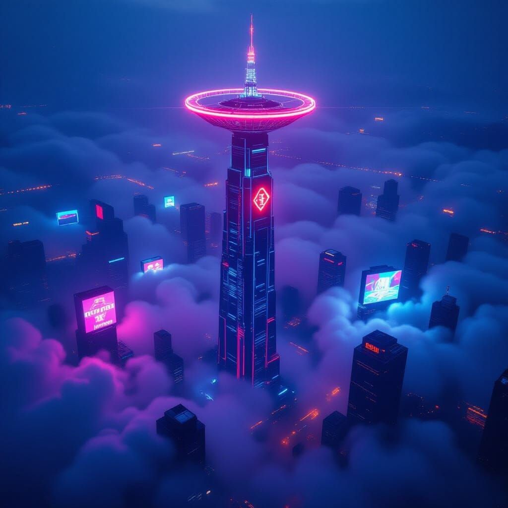 Neon Spire in Smog-Choked Cyberpunk City