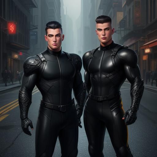 Two Handsome Men in Black Jumpsuits: Detailed Matte Painting