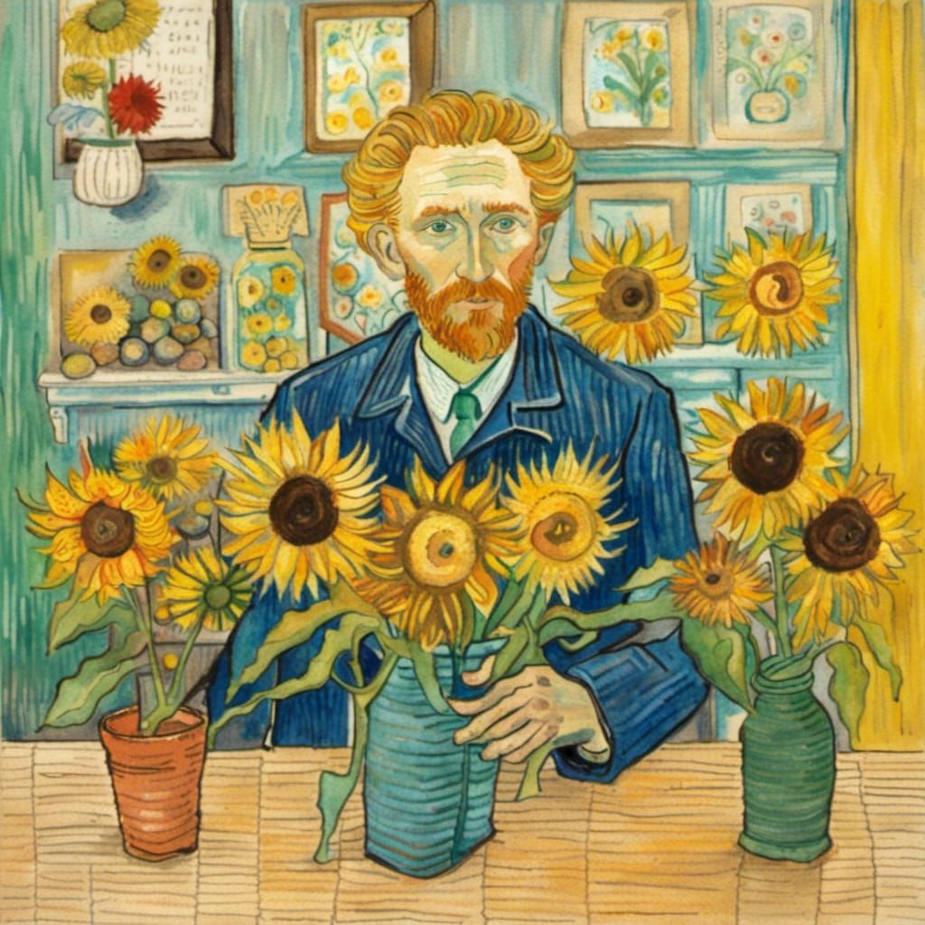 Van Gogh Selling Sunflowers: Watercolor Art Brut