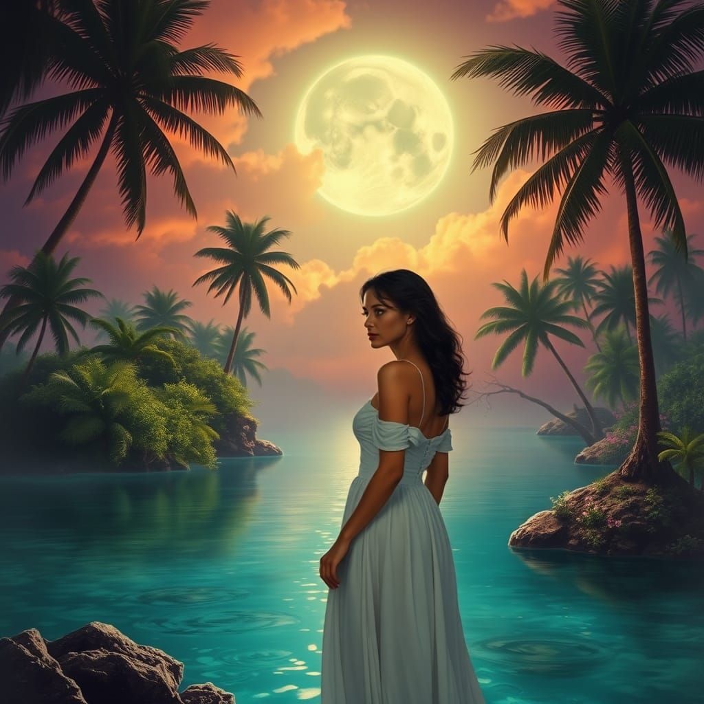 Mystical Caribbean Island Scene in Expressionist Style