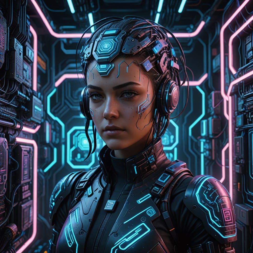 Cyborg Punk Woman in Neon-Hued Futuristic Landscape