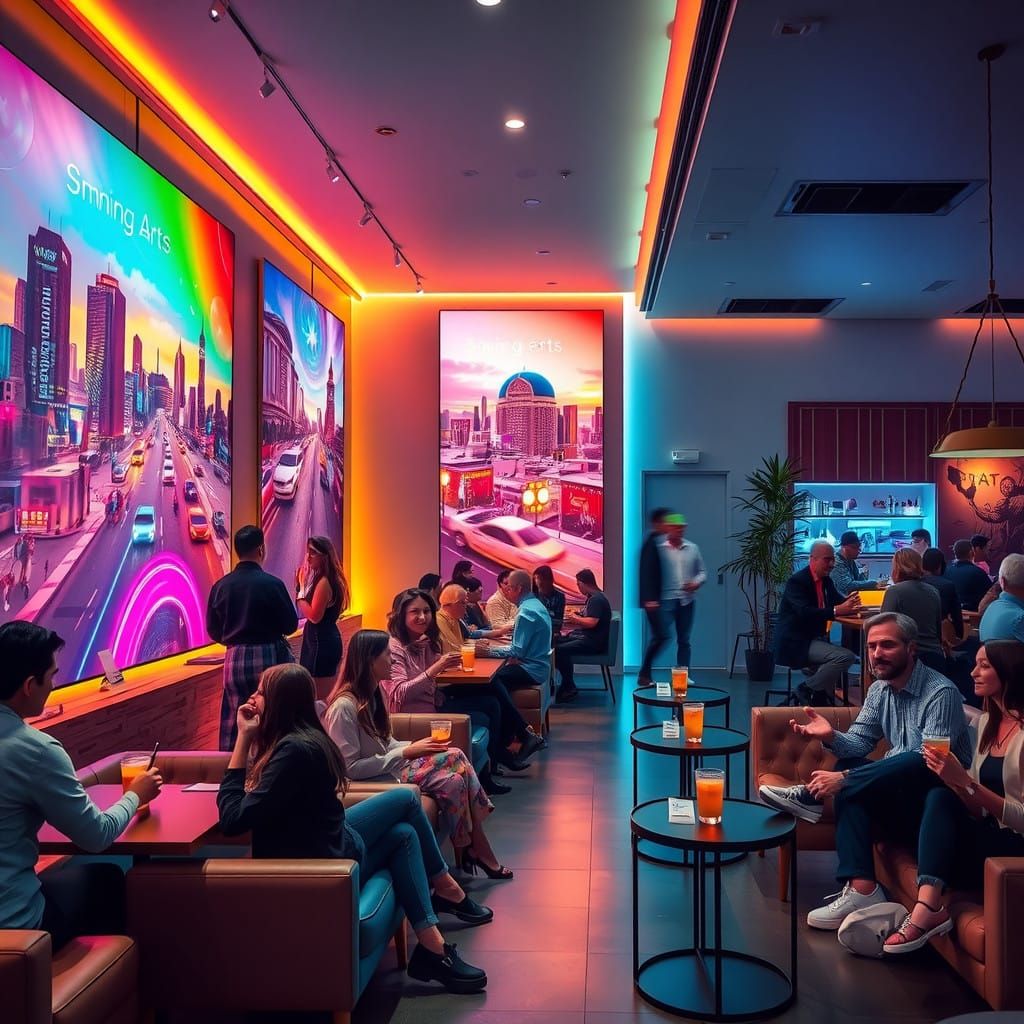 Sleek Coffee Shop Gallery at Dusk Showcases AI Art in Vibran...