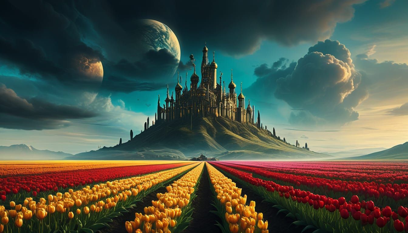 Surreal Tulip Landscapes with Iconic Architecture