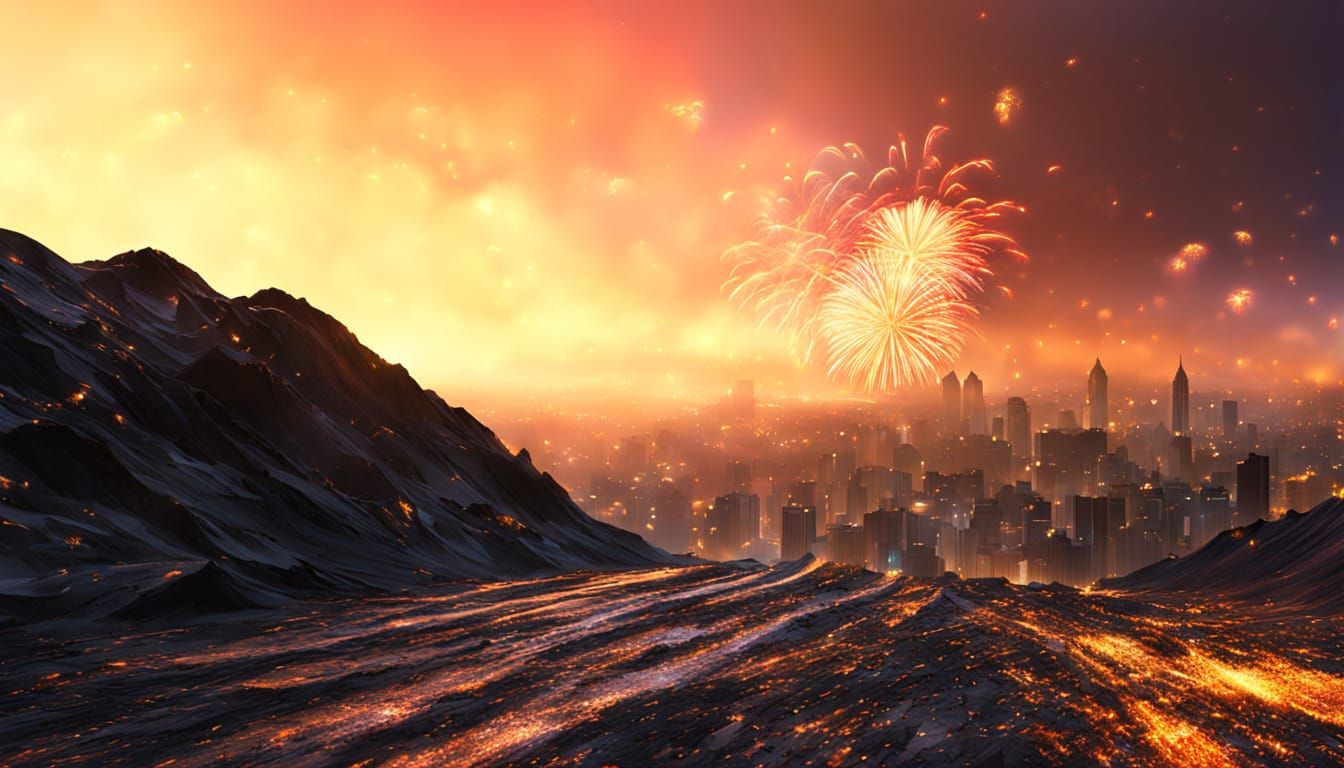 Vibrant Nighttime Cityscape with Fireworks