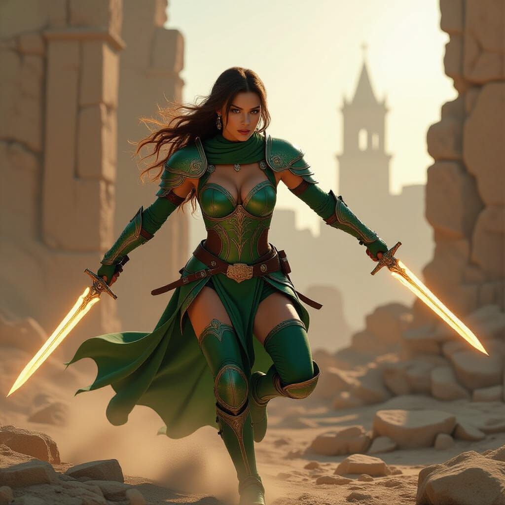 Female Warrior in Green Suede Armour with Energy Sword