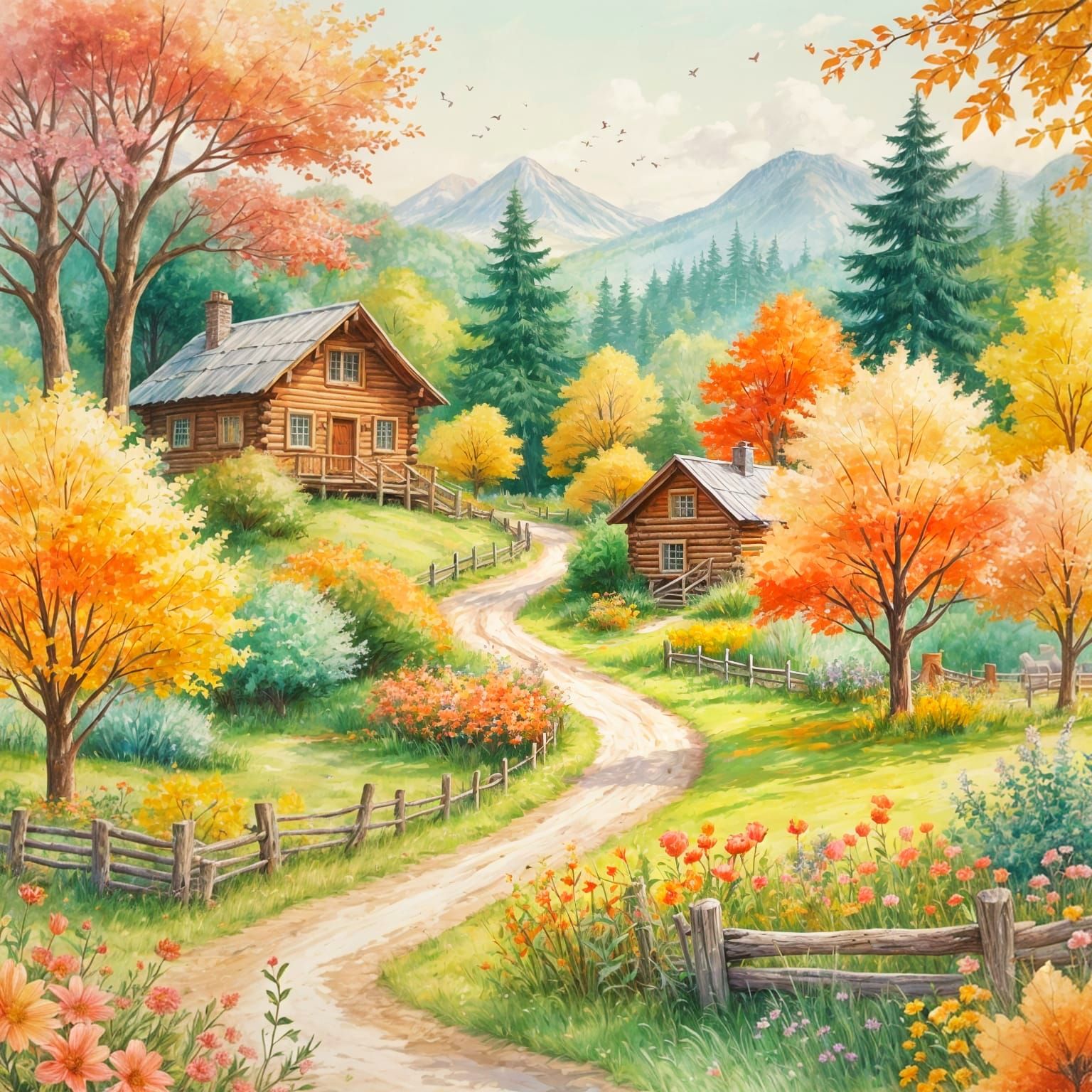 Pastel Village Scene with Fall Foliage and Log Cabins