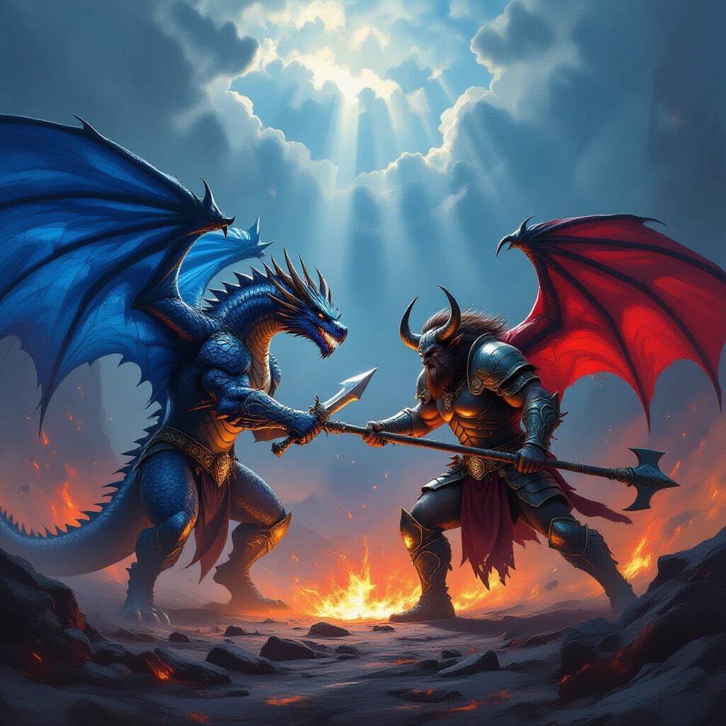 Dragon vs Minotaur in Volcanic Landscape