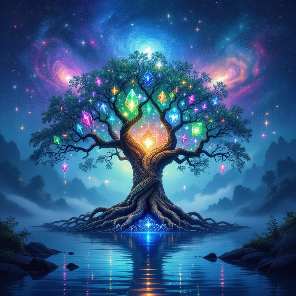 Ethereal Tree of Life with Crystal Canopy and Cosmic Backdro...