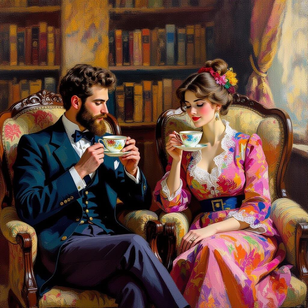 Couple Enjoying Tea in Cozy Study, Oil Painting Style