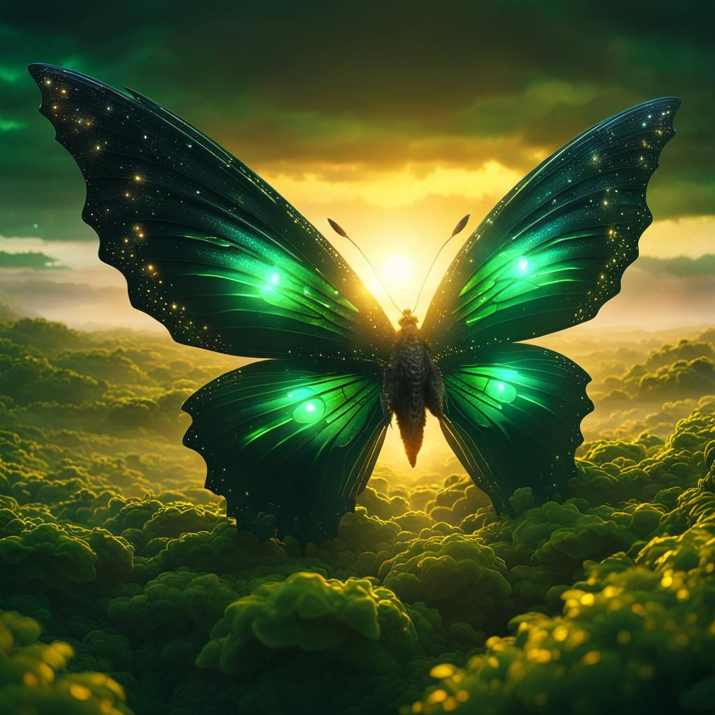 Mystical Butterfly with Galactic Wings over Green Landscape