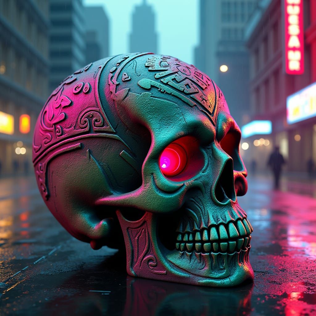 Neon Day of the Dead Skull in Cyberpunk Style