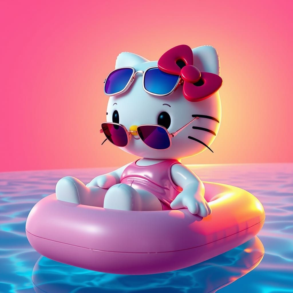Hello Kitty Lounges in Penthouse Pool, 3D Anime Art