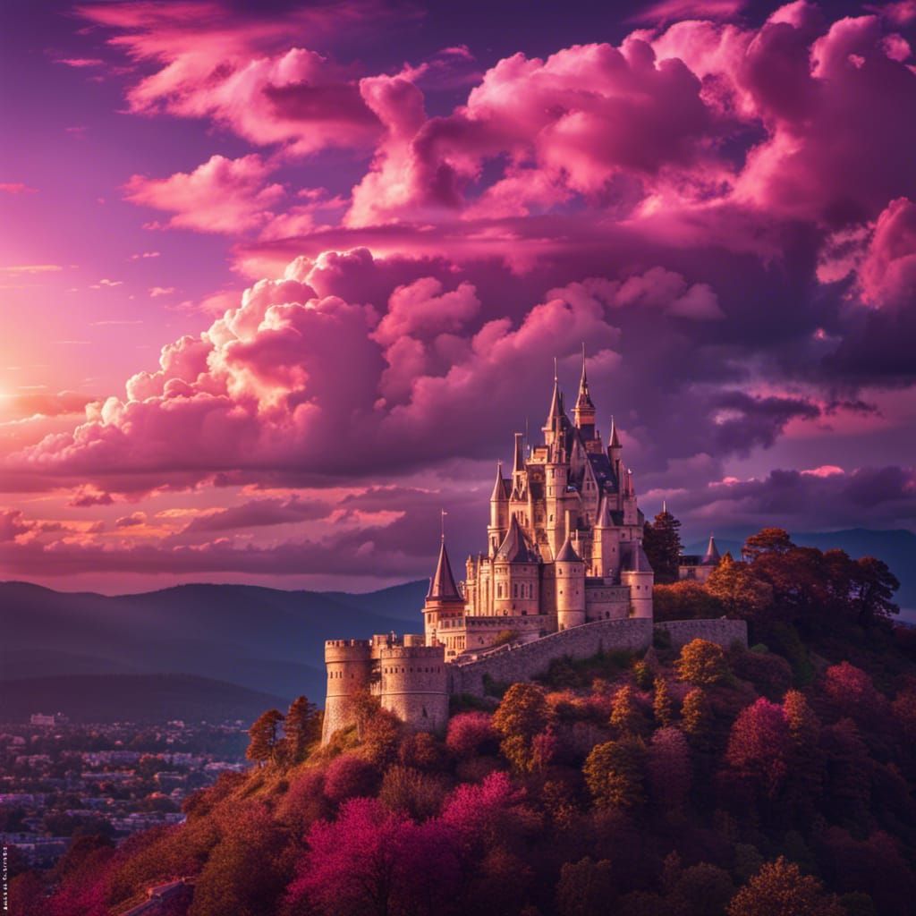 Purple Sunset Over Distant Castle, Hyperrealistic Image