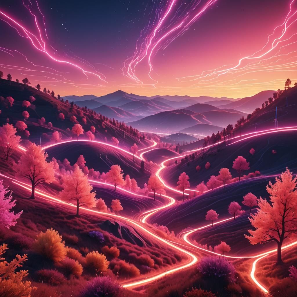 Dreamlike Landscape with Luminous Shapes in Neon Style