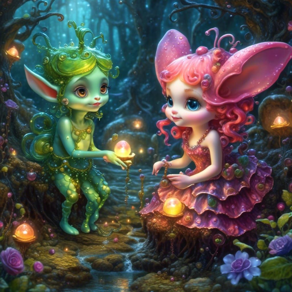 Cute Baby Goblin and Fairy Nanny in Forest