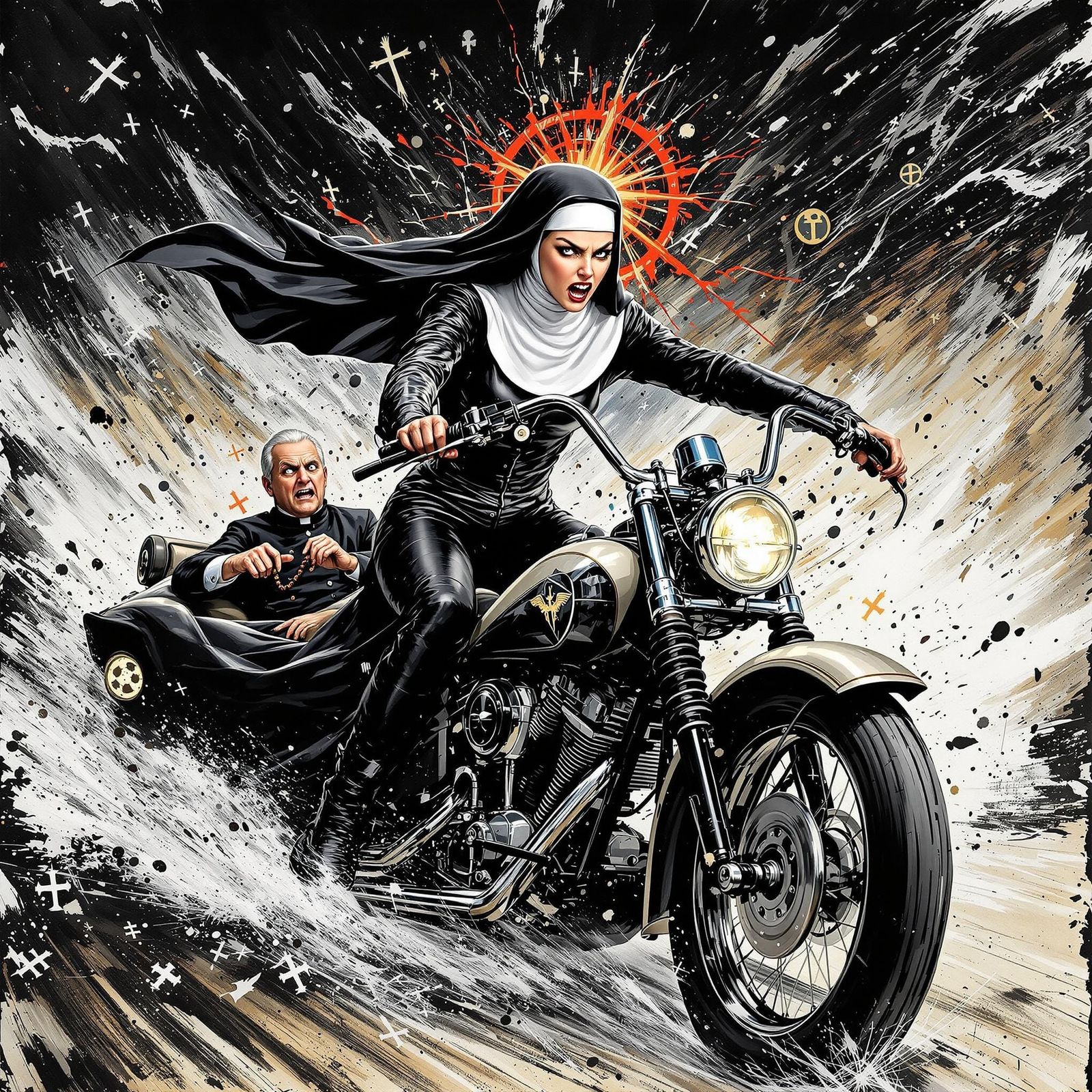 Rebellious Nun on Vintage Motorcycle in Sacred Punk Art