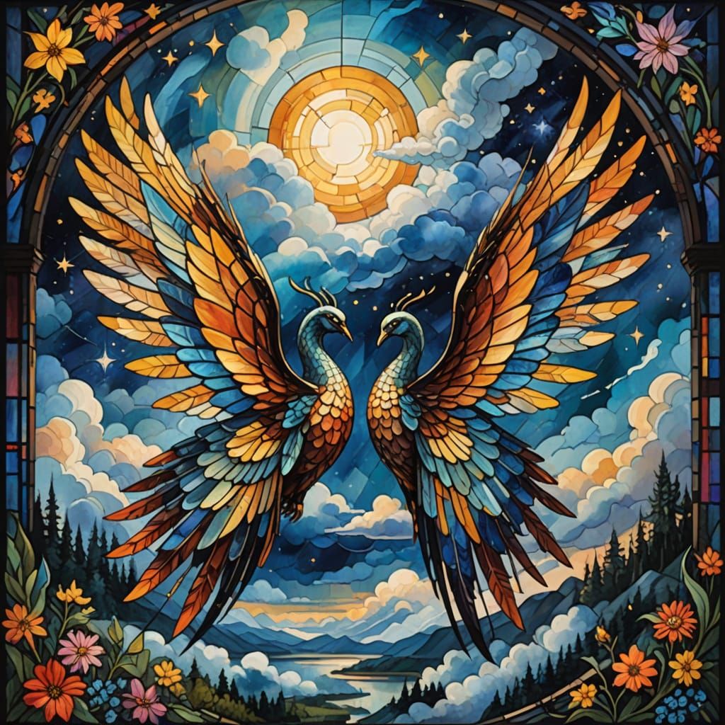 Ethereal Stained Glass Wings Reflecting a Fantasy World